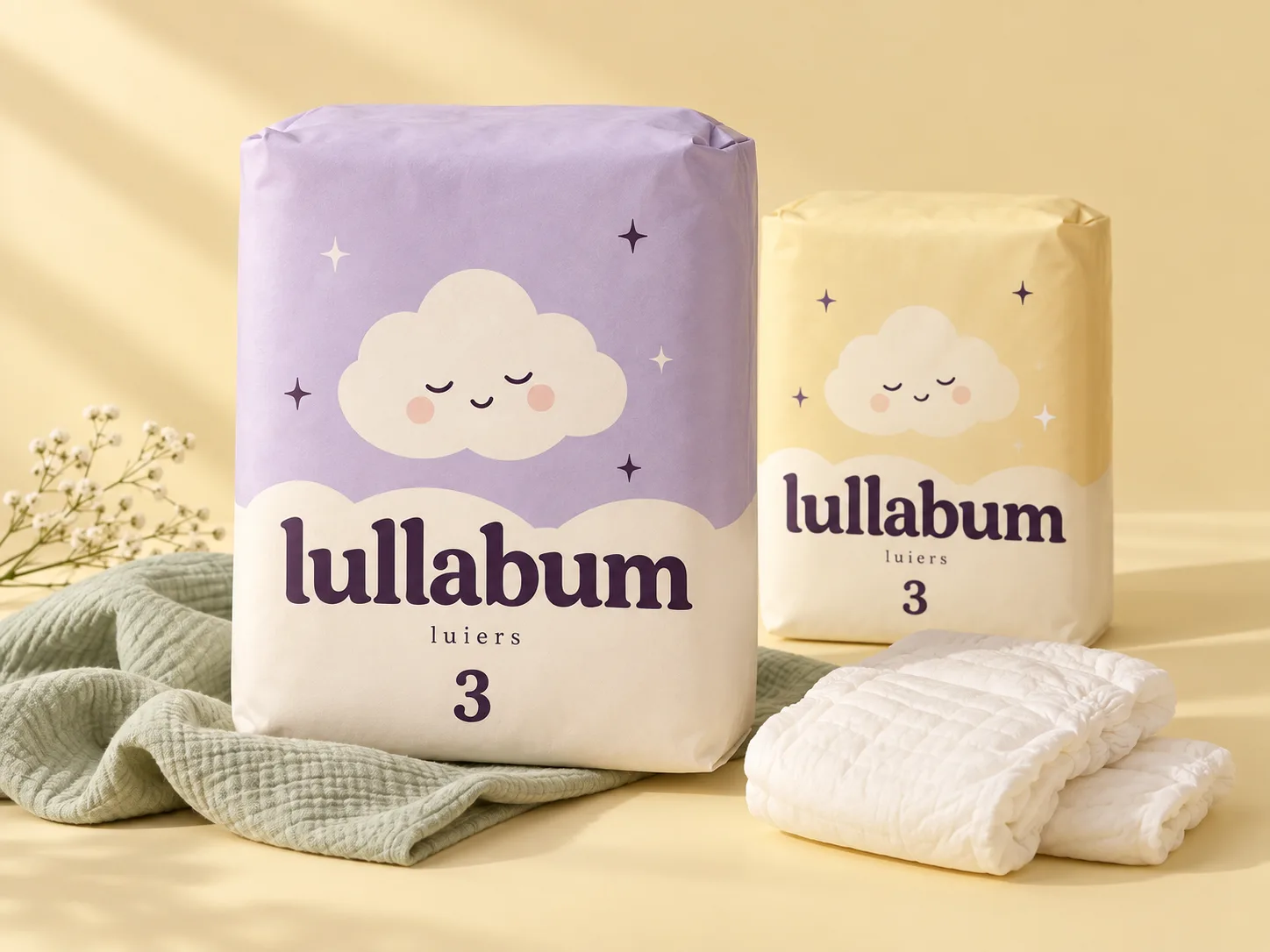 Lullabum diaper packaging concept in soft cream and lavender, with our sleepy cloud mascot